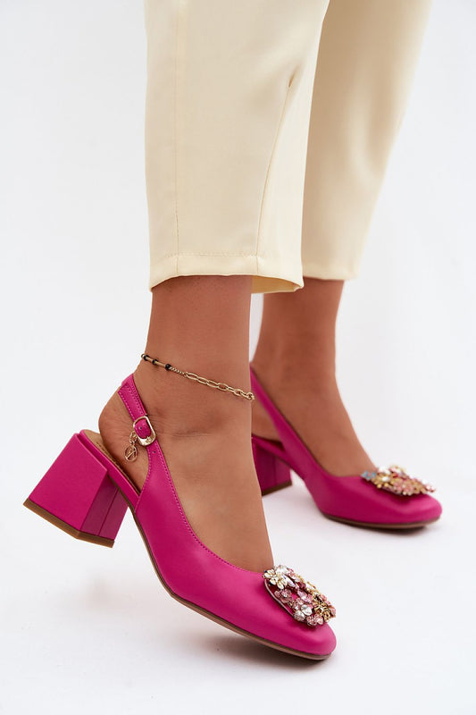 Women's Pink Leather Block Heel Pumps front view