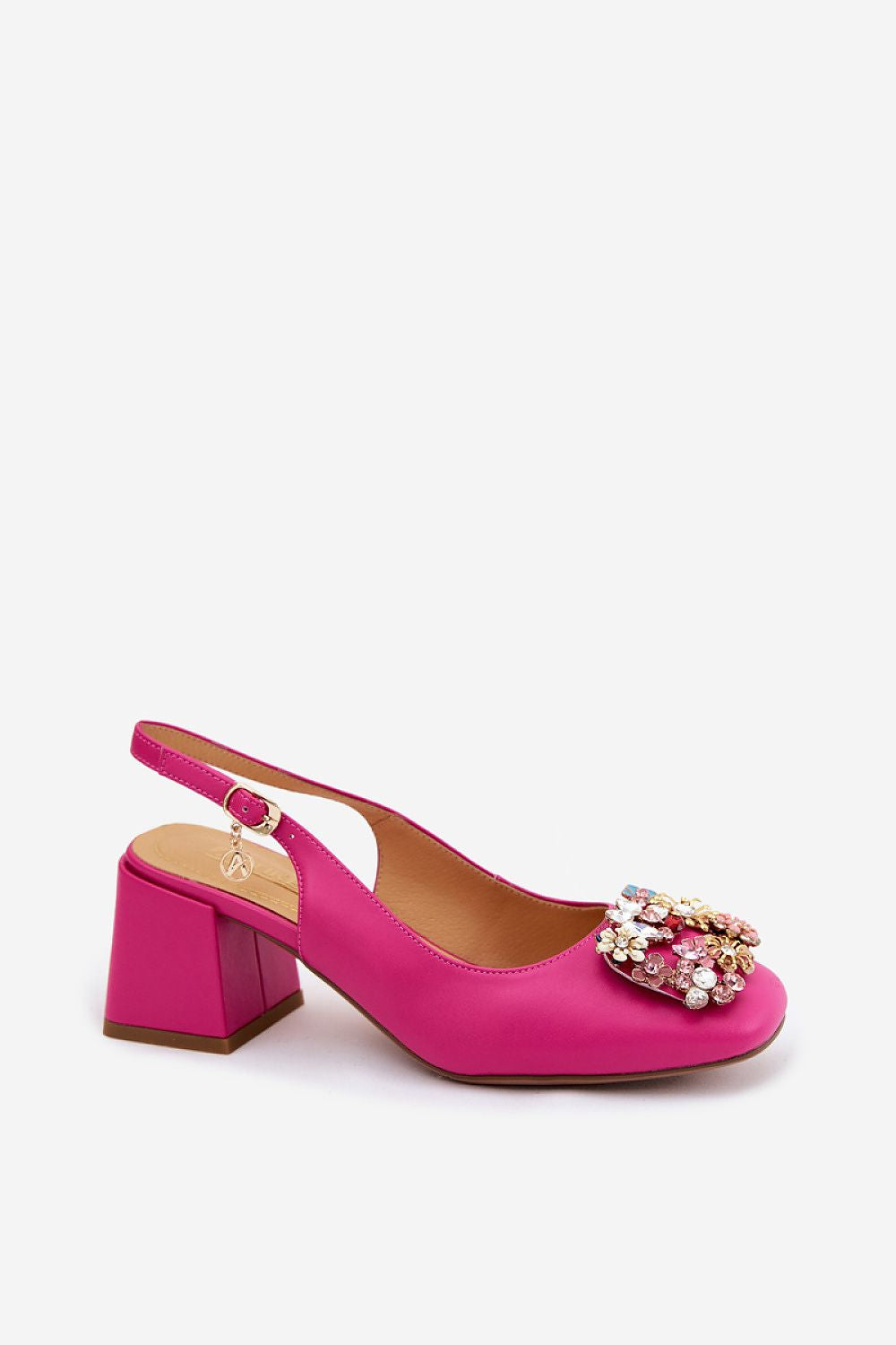 Women's Pink Leather Block Heel Pumps side view