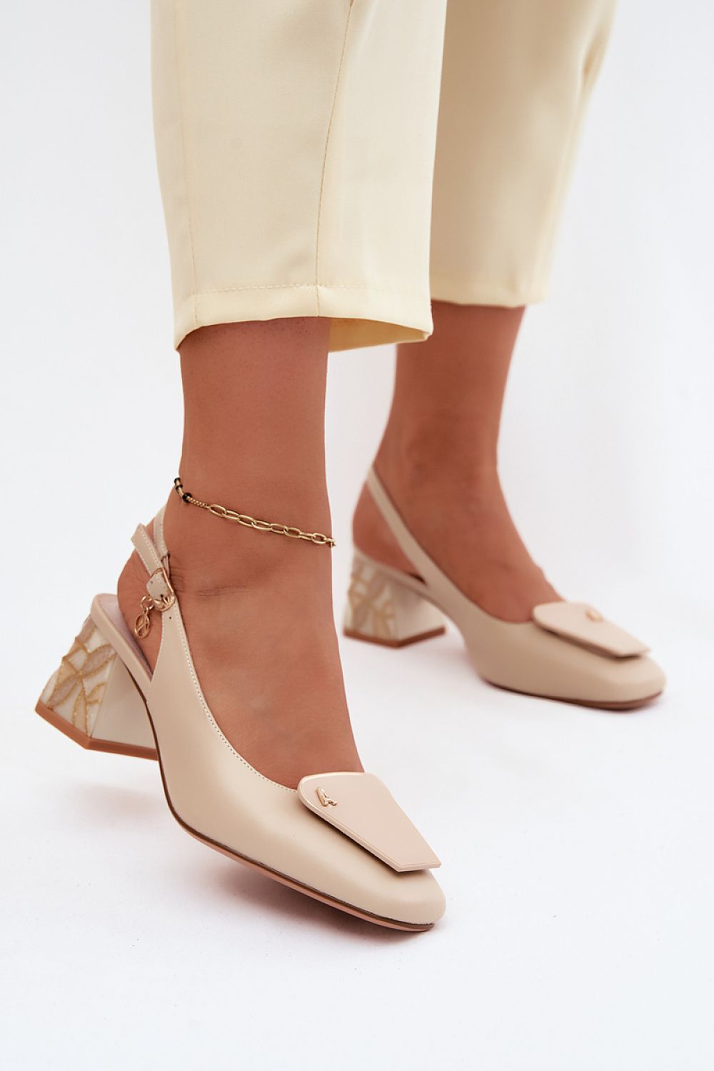 Women's Beige Leather Block Heel Pumps front view