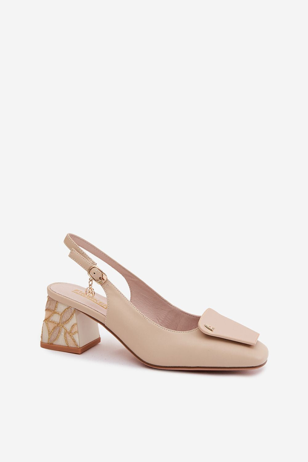 Women's Beige Leather Block Heel Pumps side view