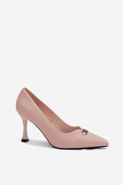 Women's Beige, Black, and Grey Faux Leather High Heels side view