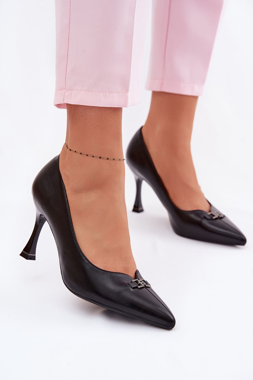 Women's Beige, Black, and Grey Faux Leather High Heels back view
