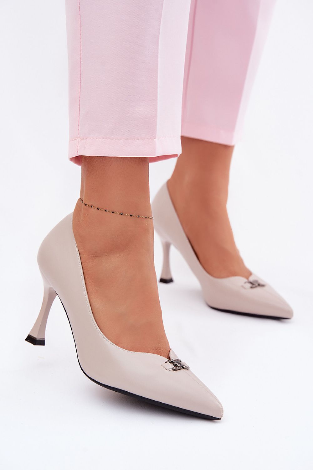 Women's Beige, Black, and Grey Faux Leather High Heels view 7