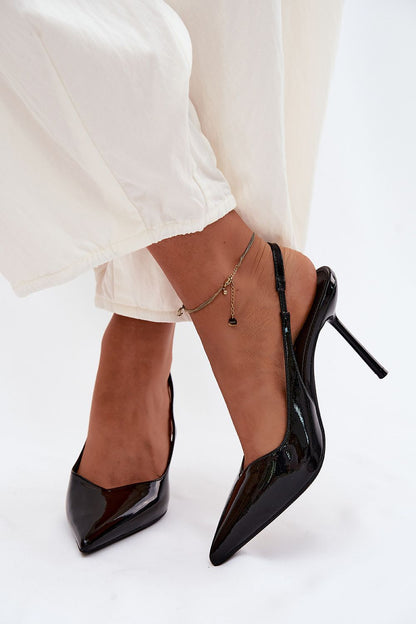 Women's Pink and Black Faux Leather High Heels back view
