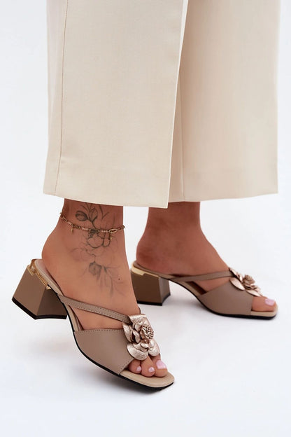 Women's Beige and White Leather Block Heel Heeled Sandals back view