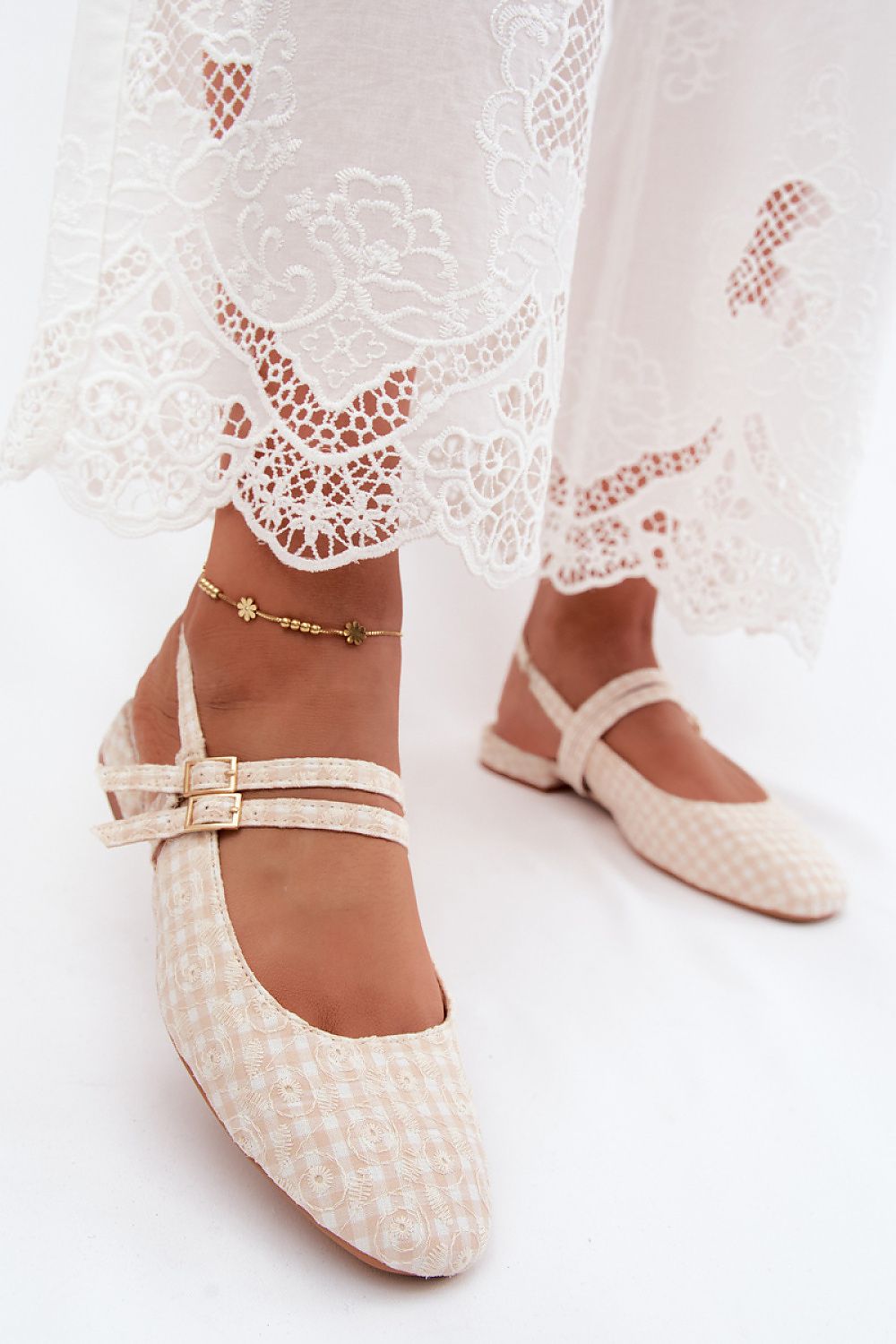 Women's Beige Fabric Strap Detail 2 Cm Heel Sandals front view