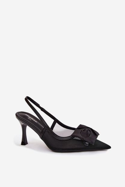 Women's Black, Beige, and Brown Heeled Sandals side view