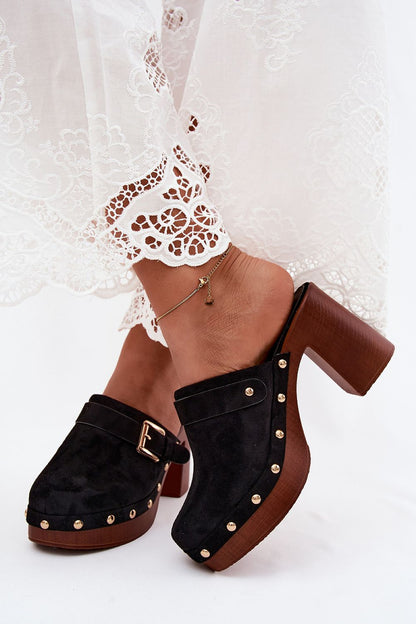 Women's Black, Brown, and Beige Suede Block Heel Strap Detail Heeled Sandals detail view
