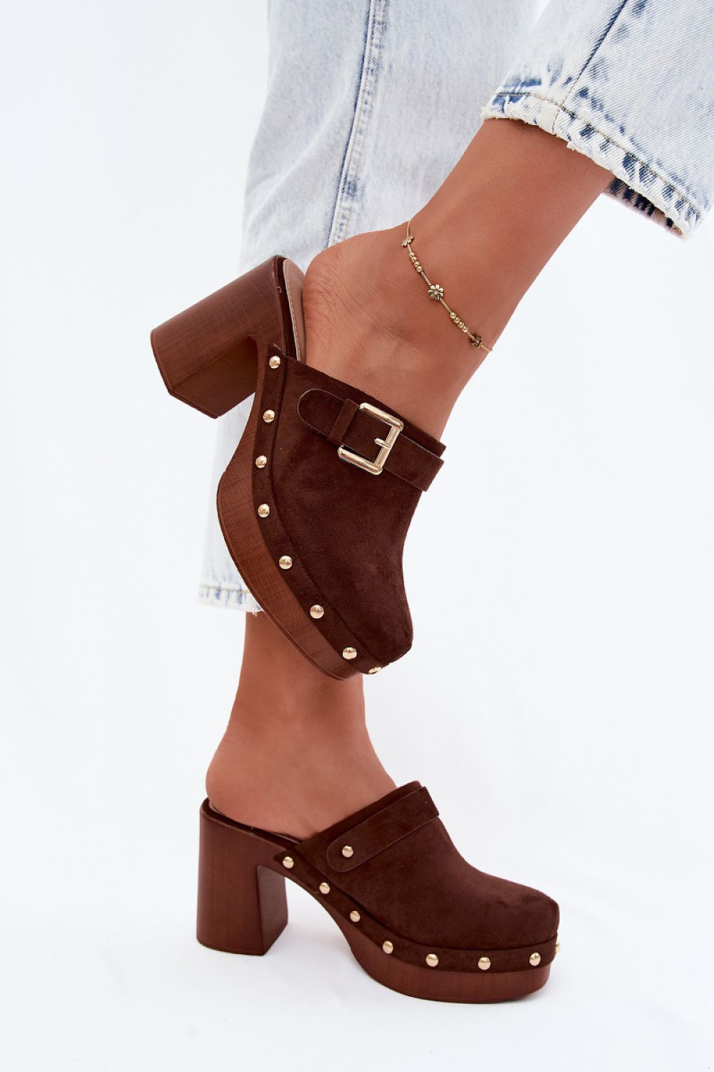 Women's Black, Brown, and Beige Suede Block Heel Strap Detail Heeled Sandals back view