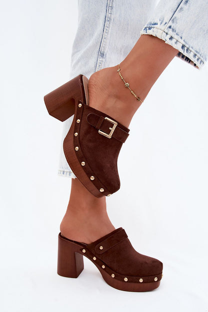 Women's Black, Brown, and Beige Suede Block Heel Strap Detail Heeled Sandals back view