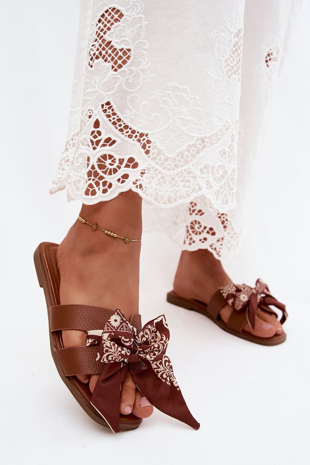 Women's Brown and Beige Faux Leather 1.5 Cm Heel Flip-flops front view
