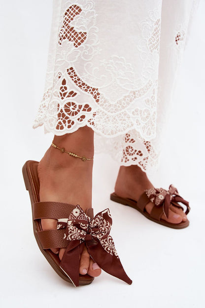 Women's Brown and Beige Faux Leather 1.5 Cm Heel Flip-flops front view