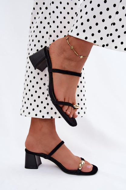 Women's Black, Brown, and Beige Suede Block Heel Heeled Sandals side view