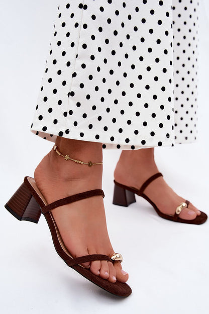 Women's Black, Brown, and Beige Suede Block Heel Heeled Sandals back view