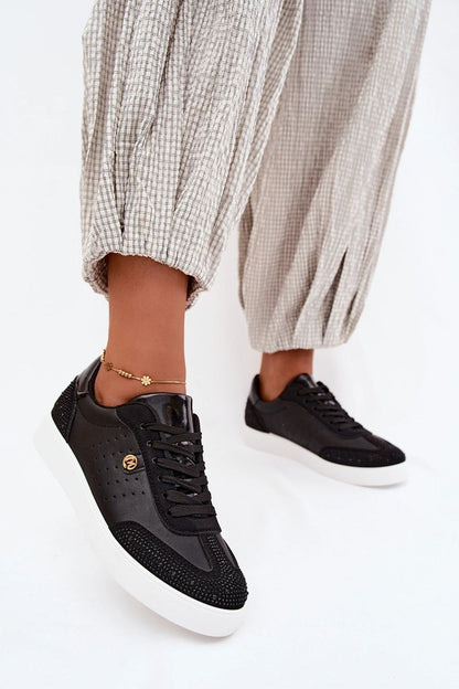 Women's Black Faux Leather Platform Sneakers back view