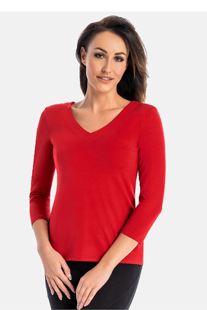 Women's red viscose fitted V-neck blouse with 7/8 sleeves by Teyli