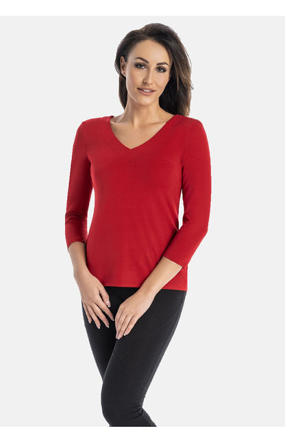 Women's red viscose fitted V-neck blouse with 7/8 sleeves by Teyli