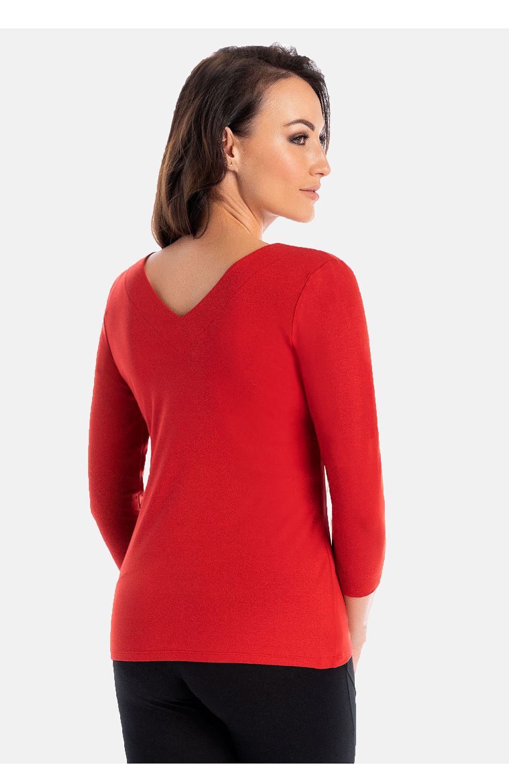 Women's red viscose fitted V-neck blouse with 7/8 sleeves by Teyli