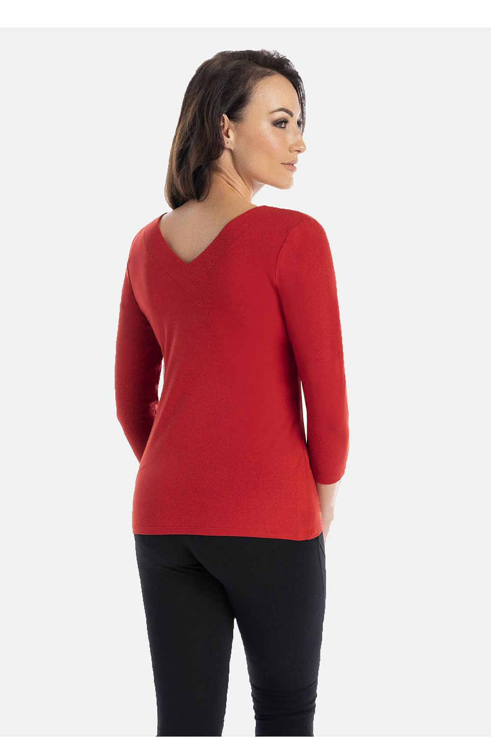 Women's red viscose fitted V-neck blouse with 7/8 sleeves by Teyli