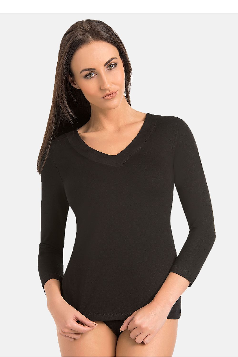 Women's red viscose fitted V-neck blouse with 7/8 sleeves by Teyli