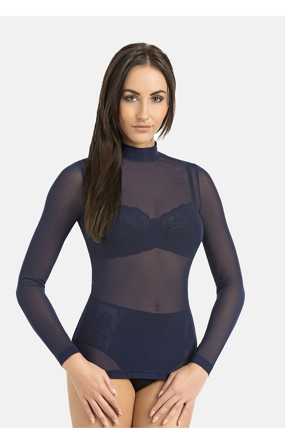 Women's sheer purple mesh turtleneck long sleeve blouse by Teyli