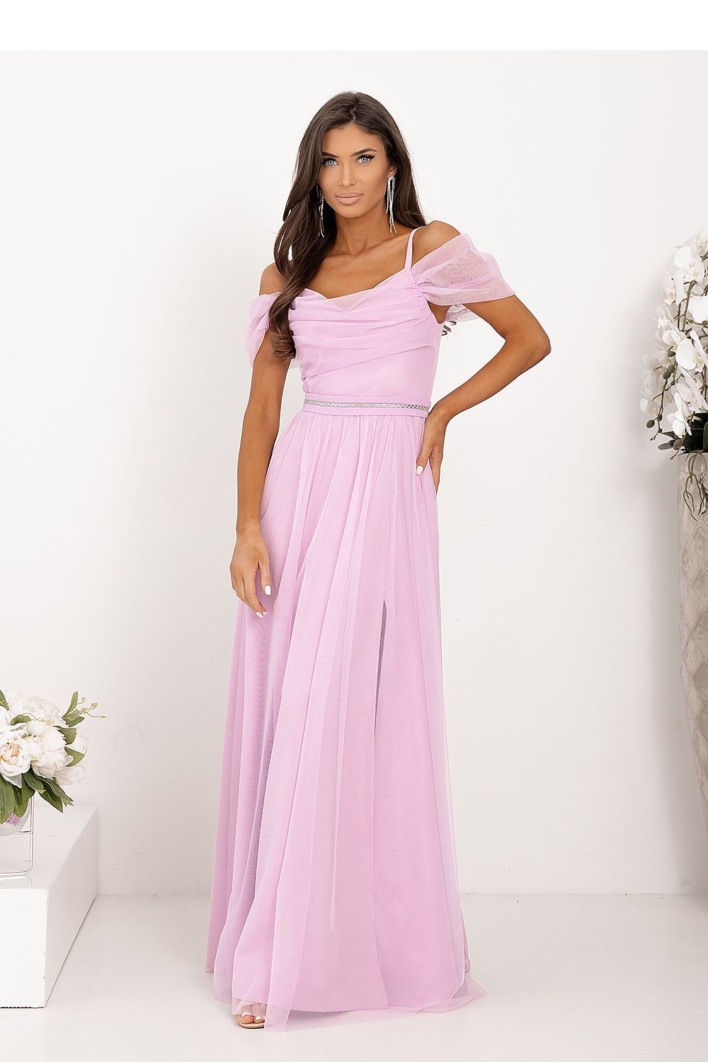 Women's lilac off-shoulder evening maxi dress with leg slit and jewelled belt