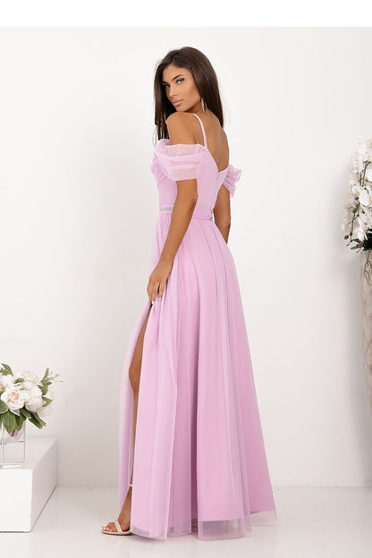 Women's lilac off-shoulder evening maxi dress with leg slit and jewelled belt