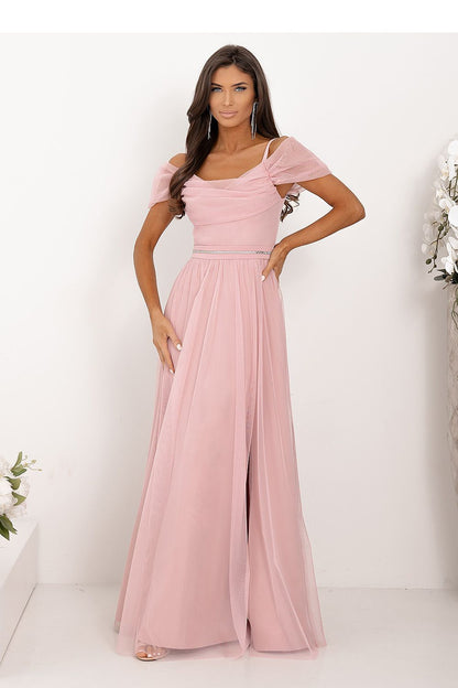 Women's lilac off-shoulder evening maxi dress with leg slit and jewelled belt