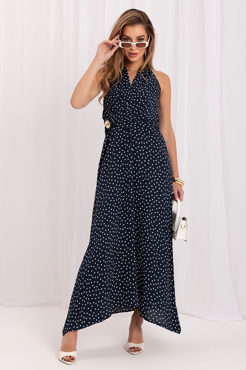 Women's navy blue polka dot maxi summer dress in silk-rayon blend