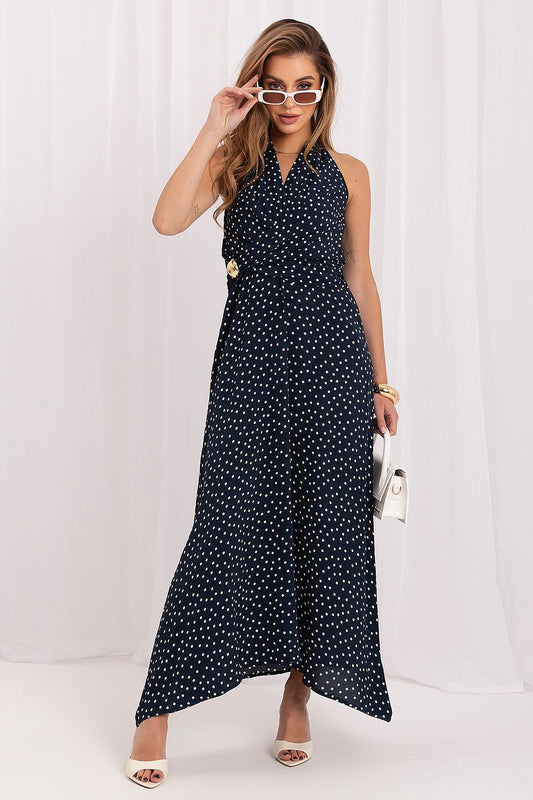 Women's navy blue polka dot maxi summer dress in silk-rayon blend