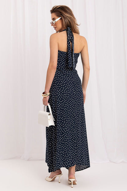 Women's navy blue polka dot maxi summer dress in silk-rayon blend