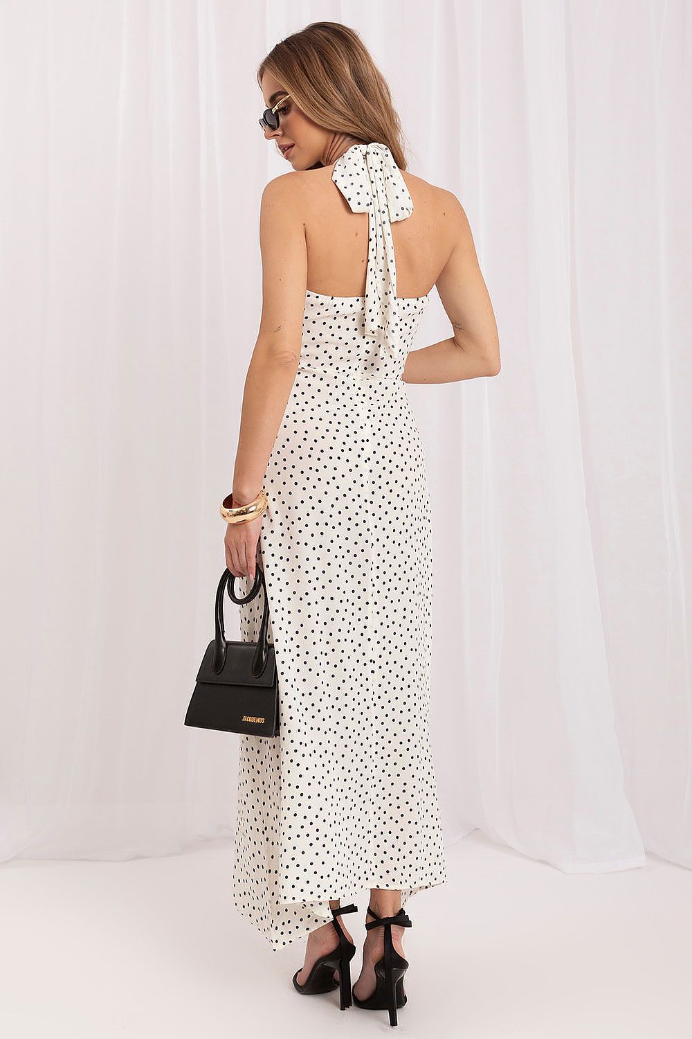 Women's navy blue polka dot maxi summer dress in silk-rayon blend