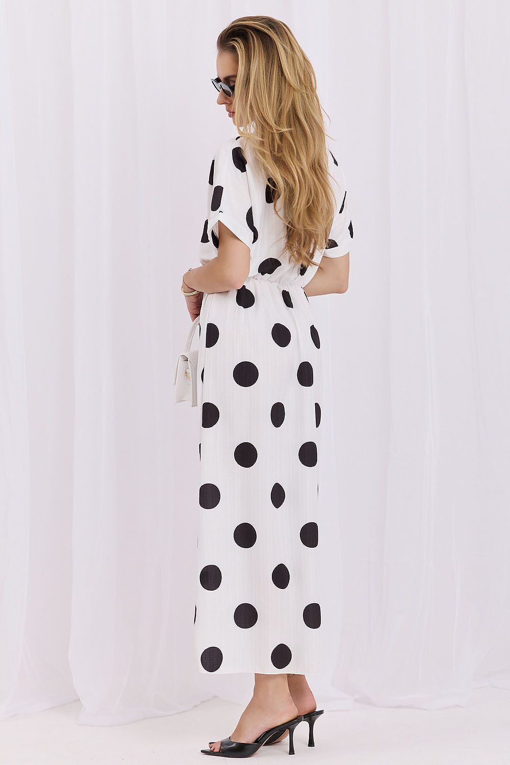 Women's black polka dot flared midi dress one size fits all