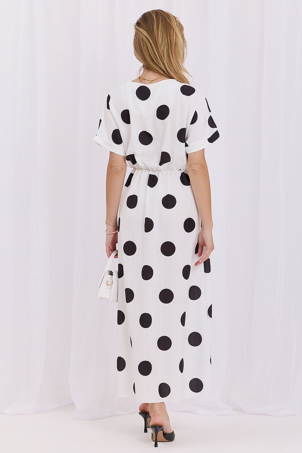 Women's black polka dot flared midi dress one size fits all