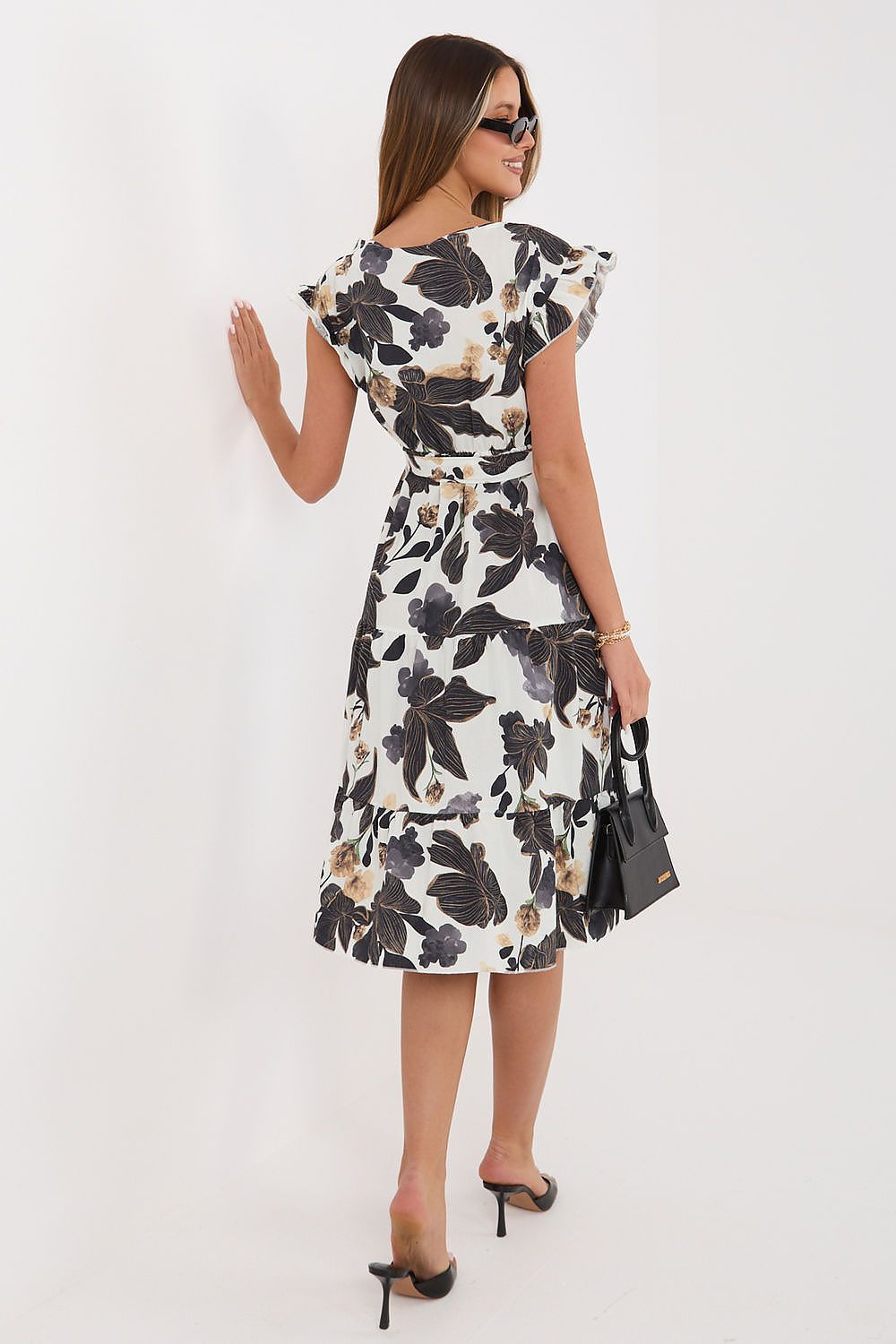 Women's black 100% cotton midi dress with ruffle hem and sash belt