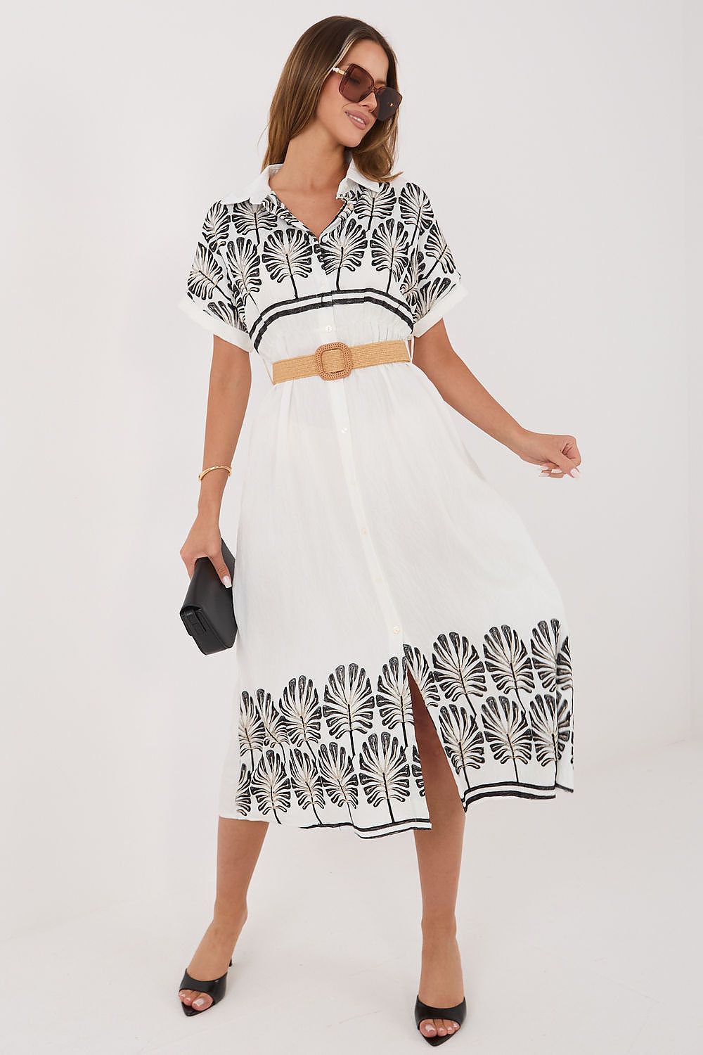 Women's white floral embroidered viscose midi shirt dress by Italy Moda