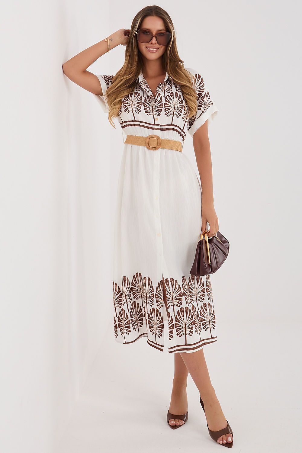 Women's white floral embroidered viscose midi shirt dress by Italy Moda
