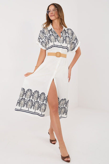 Women's white floral embroidered viscose midi shirt dress by Italy Moda