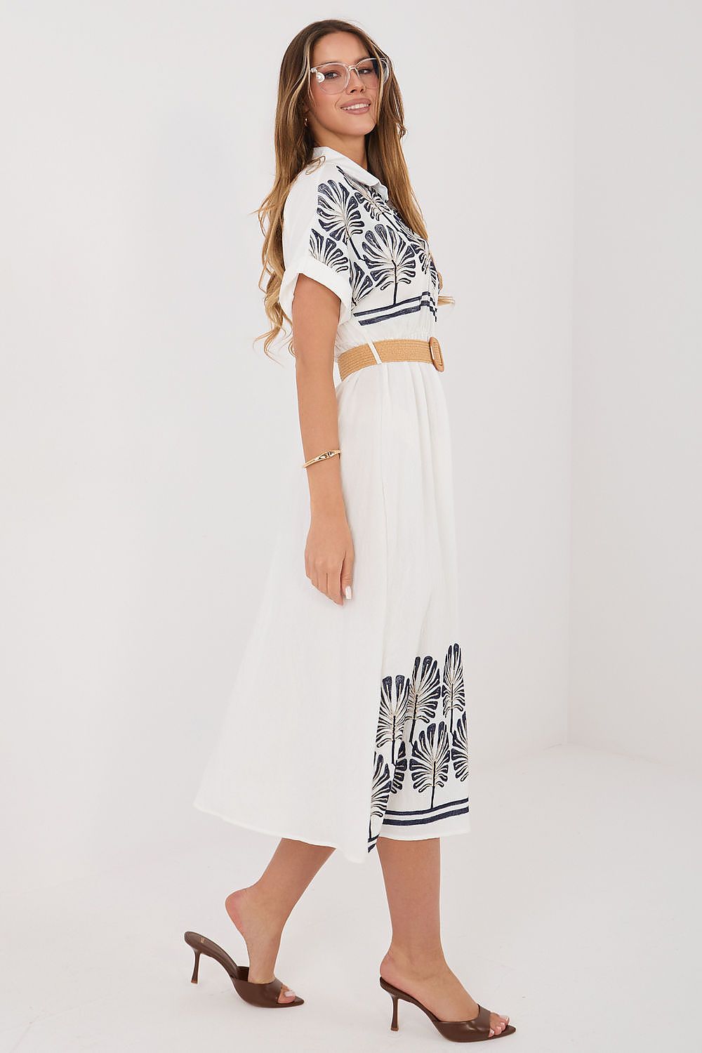 Women's white floral embroidered viscose midi shirt dress by Italy Moda
