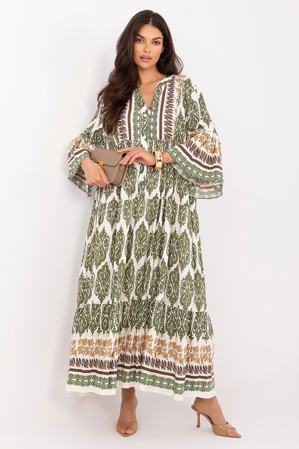 Women's green boho loose-fit V-neck maxi dress by Italy Moda