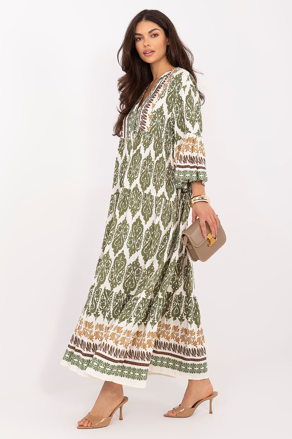 Women's green boho loose-fit V-neck maxi dress by Italy Moda