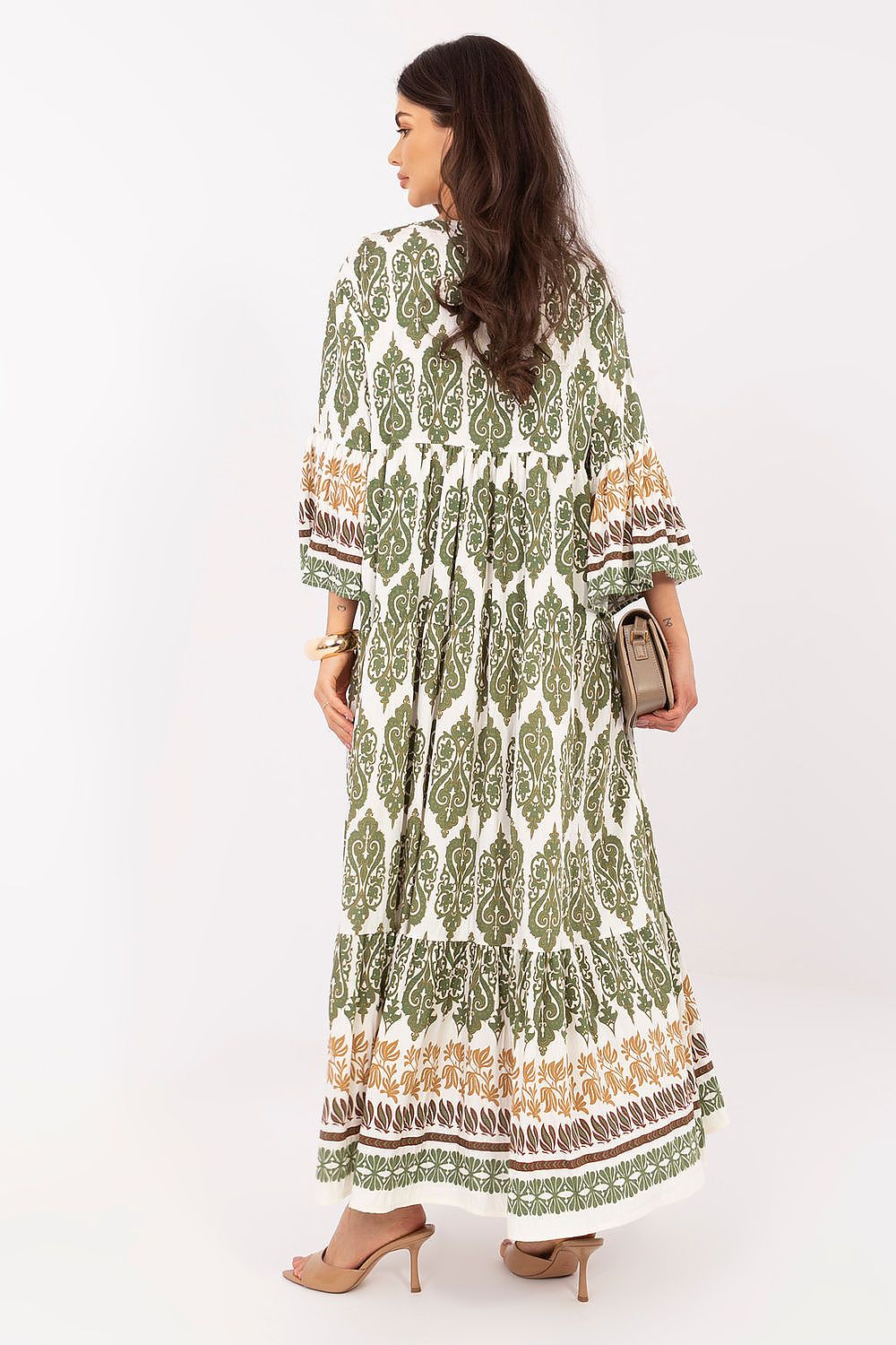 Women's green boho loose-fit V-neck maxi dress by Italy Moda