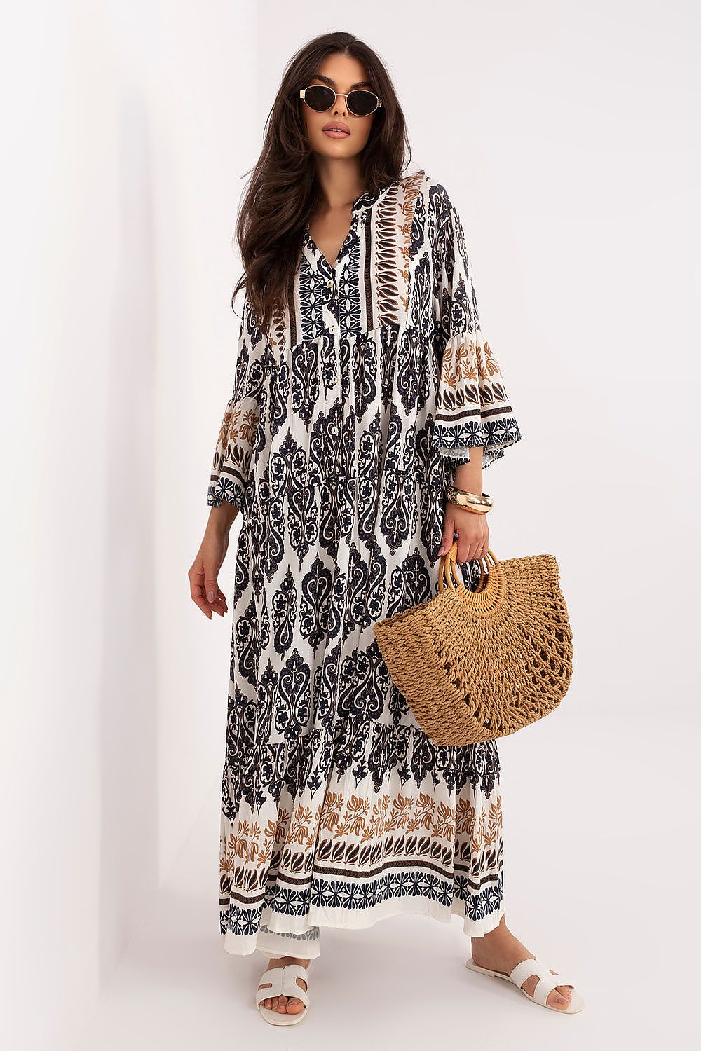 Women's green boho loose-fit V-neck maxi dress by Italy Moda
