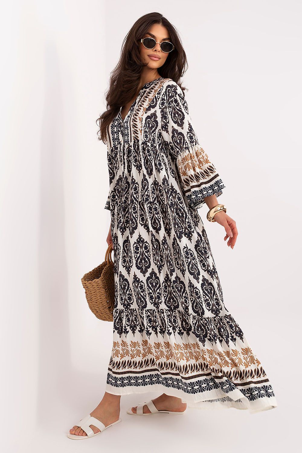 Women's green boho loose-fit V-neck maxi dress by Italy Moda
