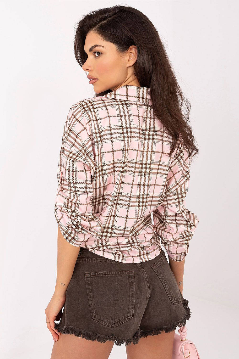 Women's pink check button-down shirt with roll-up 7/8 sleeves by Italy Moda