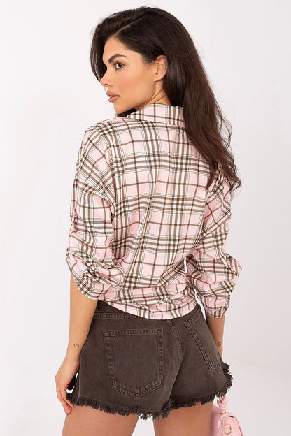 Women's pink check button-down shirt with roll-up 7/8 sleeves by Italy Moda