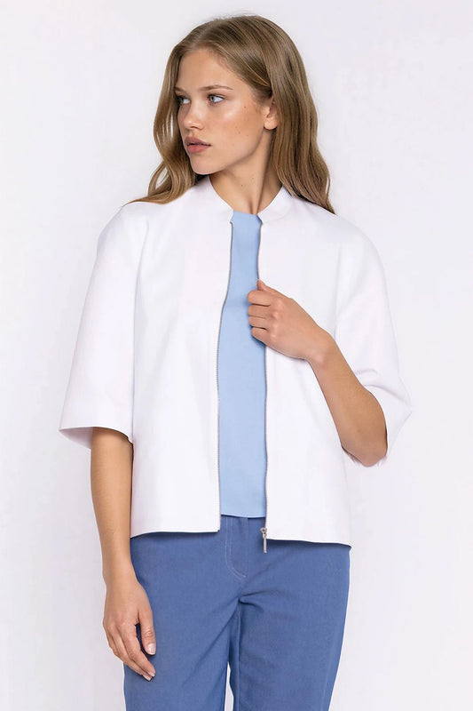 Women's white relaxed-fit denim jacket with stand collar by Nife
