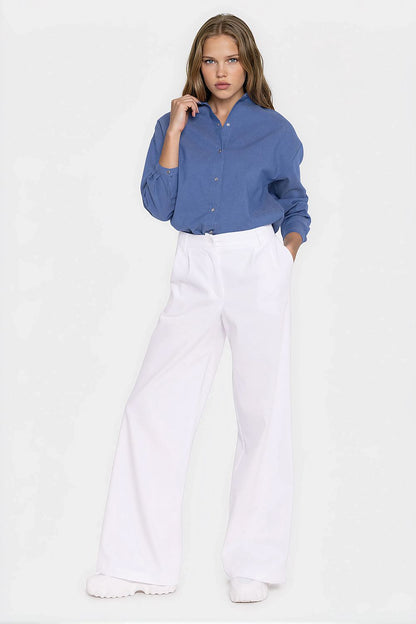 Women's white wide-leg mid-rise denim jeans with front pleats by Nife
