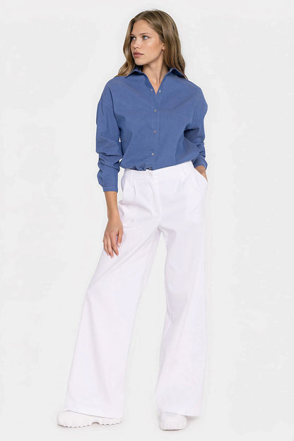 Women's white wide-leg mid-rise denim jeans with front pleats by Nife