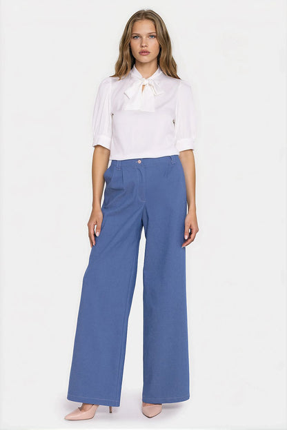 Women's white wide-leg mid-rise denim jeans with front pleats by Nife